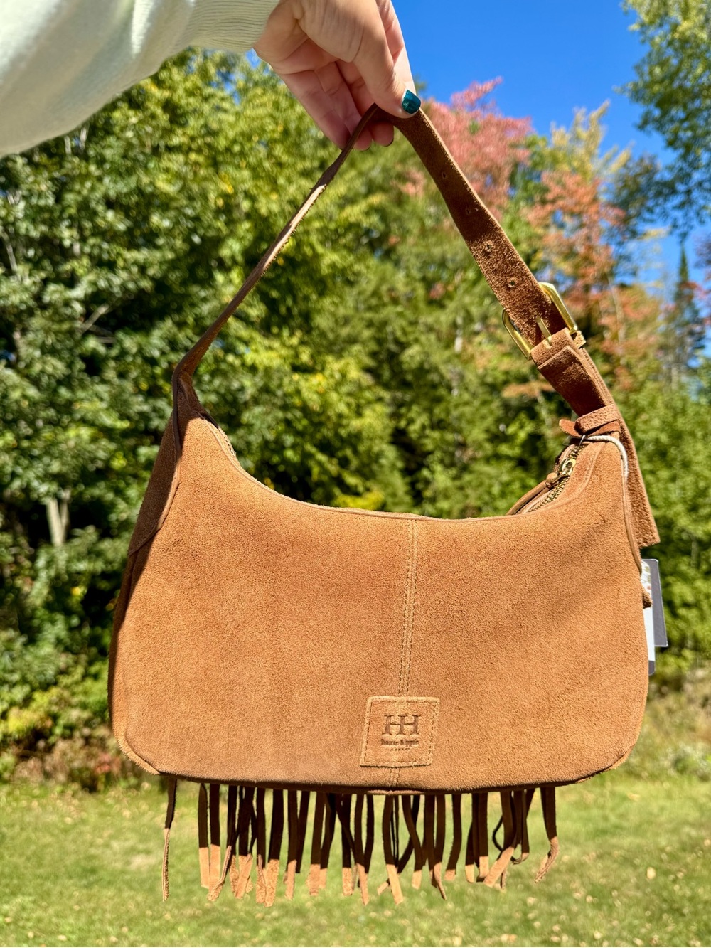 Haute Hippie Fringed Suede Hobo Shoulder Bag in Cognac - Picture 2 of 9